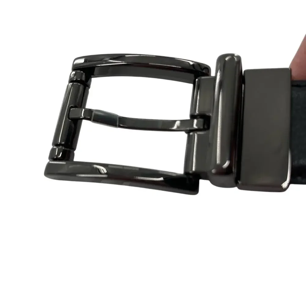 Genuine Leather Men's Black Brown Reversible Belt Dark Silver Hardware Size 52